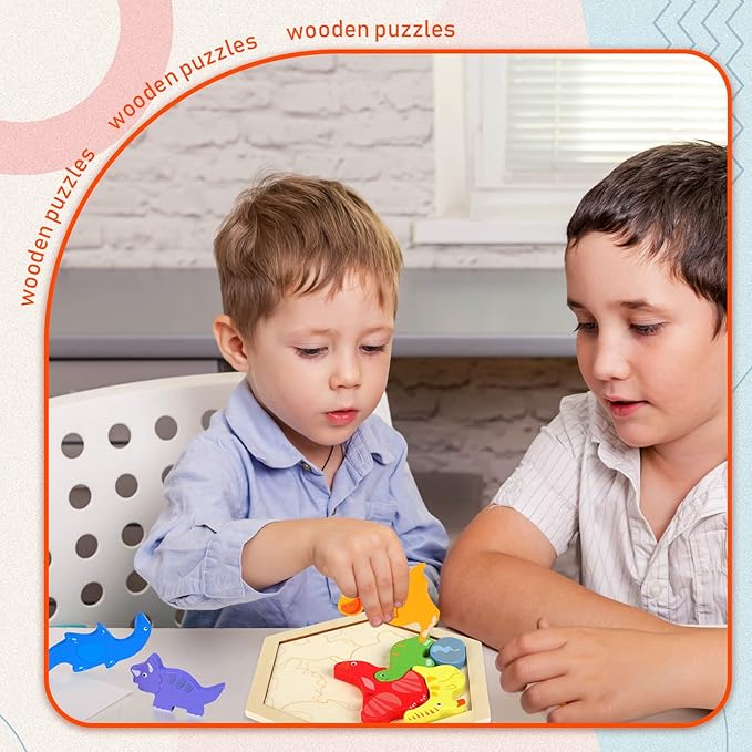 5 Pack Wooden Tangram Puzzle for Kids Wooden Hexagon Puzzle Block Teaser Geometric Shapes Tangram Games for Jigsaw 3D Logic IQ Game Gift(Cute)