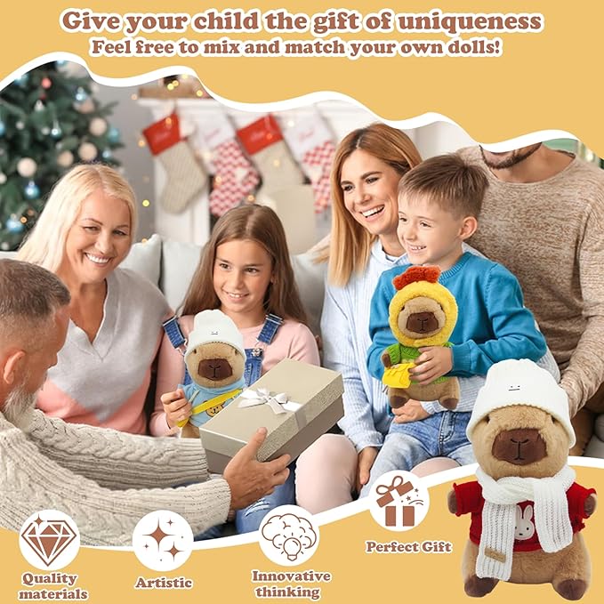 Capybara Plush with 11 Pcs Costume and Accessories,Capybara Plush Dress Up Toy,Adorable Capybara Gifts for Boys and Girls, Birthday Gift