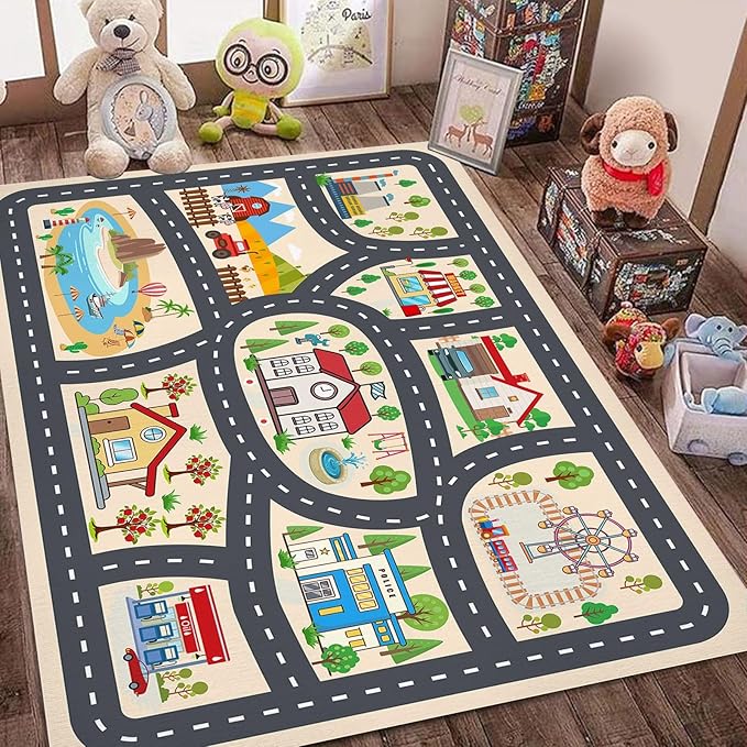 Kids Car Rug Play Mat Carprt for Playroom Classroom, largr Educational Area Rugs with Non-Slip Backing, City Life Play Carpet for Playing Cars Toys Ideal Gift for Children Boy Girl 2.6x3.9ft