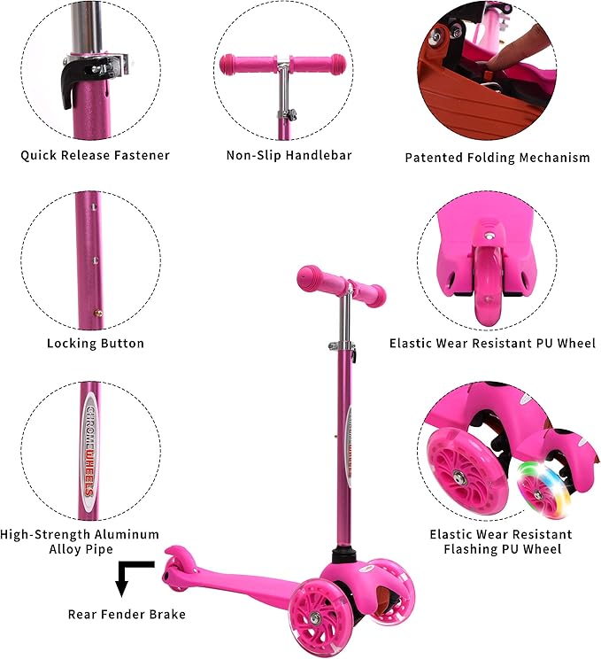 ChromeWheels Scooter for Kids, Deluxe 3 Wheel Scooter for Toddlers 4 Adjustable Height Glider with Kick Scooters, Lean to Steer with LED Flashing Light for Ages 3-6 Girls Boys