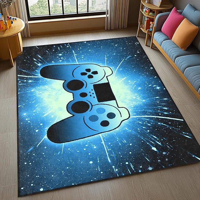 Gaming Rug for Gamer Game Room Boys Gamer Theme Carpets, Blue Galaxy Game Loading Gamepad Printed Floor Rugs for Bedroom Living Room Mat Sofa Mats,3'×4'