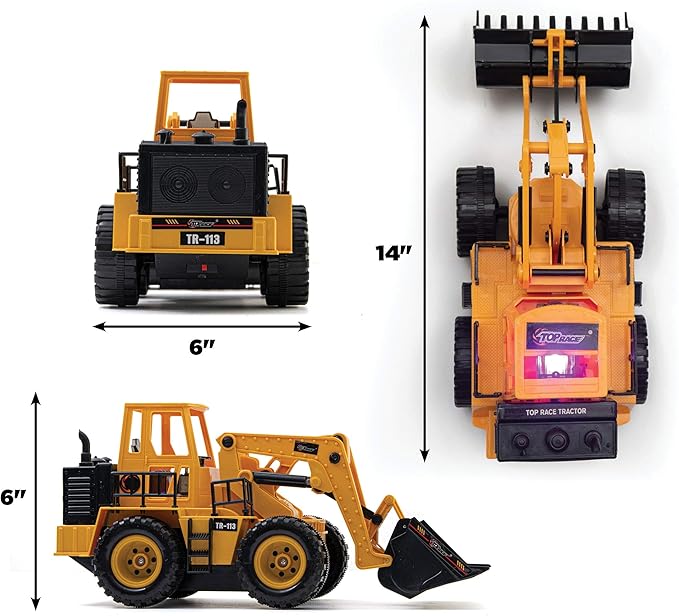 Top Race TR-113 5 Channel Full Functional Remote Control Tractor Toy Front Loader - 14 x 6 x 8 inch Electric RC Remote Control Construction Toy Tractors with Lights and Sounds