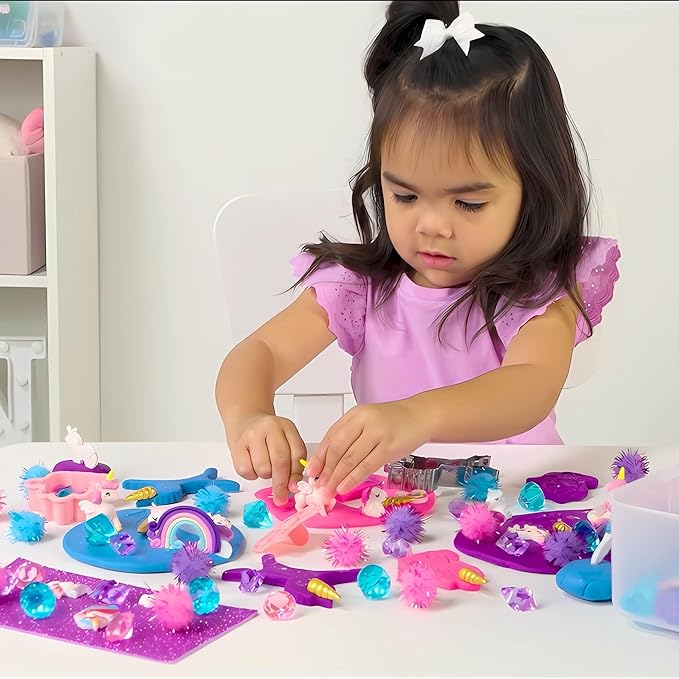 Unicorn Sensory Dough Kit (3 Jars) Non-Toxic Dough with Unicorn Cutters, Charms, Rainbow, Pom Poms, Diamonds, Gems, and Stackable Storage - Perfect for Creative Play and Gift for Kids