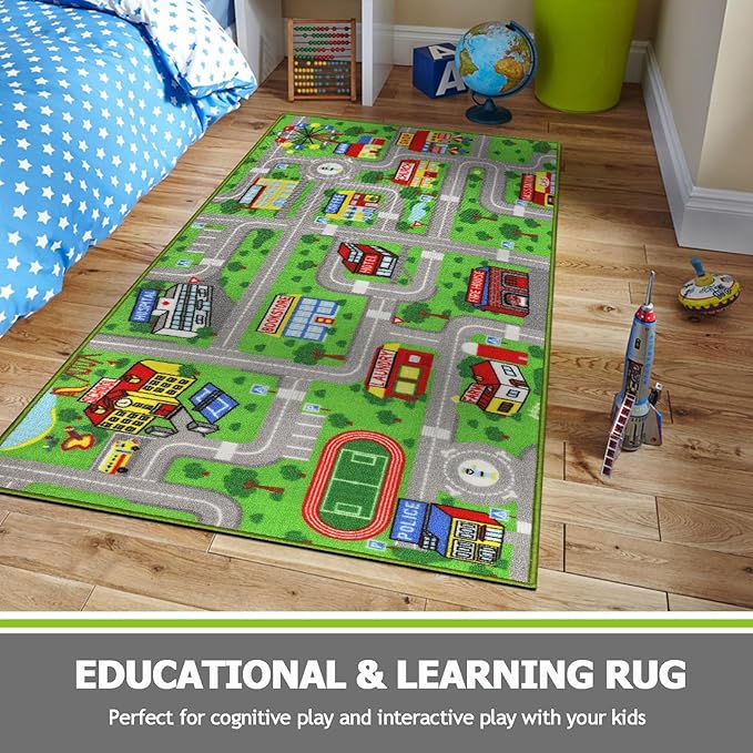 Capslpad Green Car Road Kid Rug Carpet Playmat for Playoom Traffic Road Kids Play Mat for Toddler Non Slip Washable City Map Race Track Carpet Rug for Kids Room Bedroom Nursery Room Decor,5'x2.7'