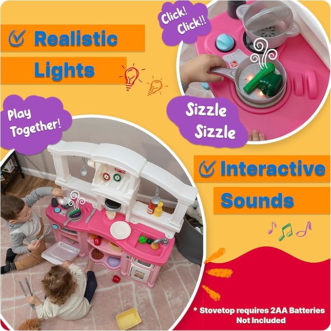 Step2 Fun with Friends Kids Kitchen Playset, Indoor/Outdoor Kitchenette, Interactive Play with Lights and Sounds, Durable Plastic, Includes 25 Piece Toy Accessories, Toddlers 2+ Years Old, Gray