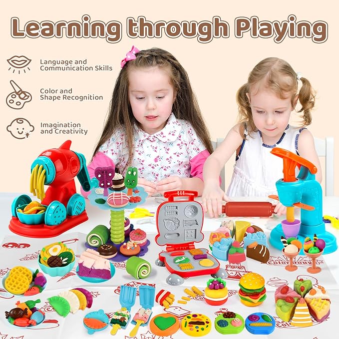 75 PCS 4 in 1 Dough Sets for Kids Ages 3-4-8, Art Crafts Dough Tools Kit, Ice Cream Playset Noodle Hamburger Maker Machine Dessert Rack, Kitchen Creations Food Play Toys Toddlers Boys Girls