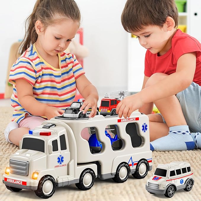 5-in 1 Play Ambulance Toy Vehicle Toddler Truck Toys for 3 4 5 6 7 Year Old Boys - Friction Powered Cars with Light and Sound, Police Car, Fire Truck, Ambulance Car, Birthday Gifts for Kids