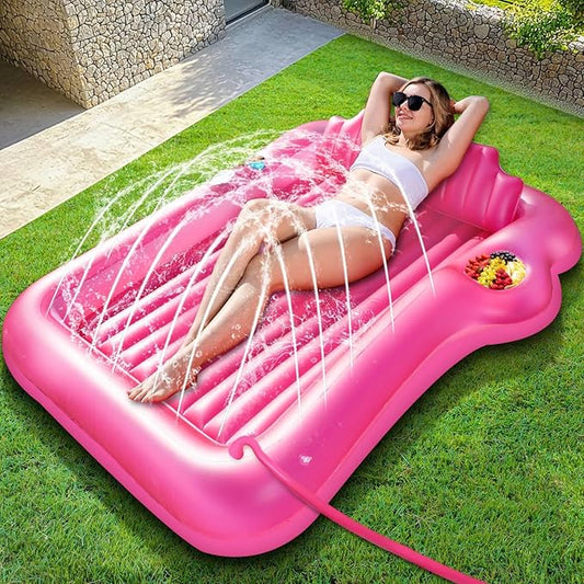 Inflatable Tanning Pool Lounger Float with Sprinkler, 71" x 47" Large Pool Floats Adult with Pillow Cooler Tray, 6 in 1 Suntan Tub Raft Floatie Sunbathing Bed Water Summer Backyard Fun L-Pink