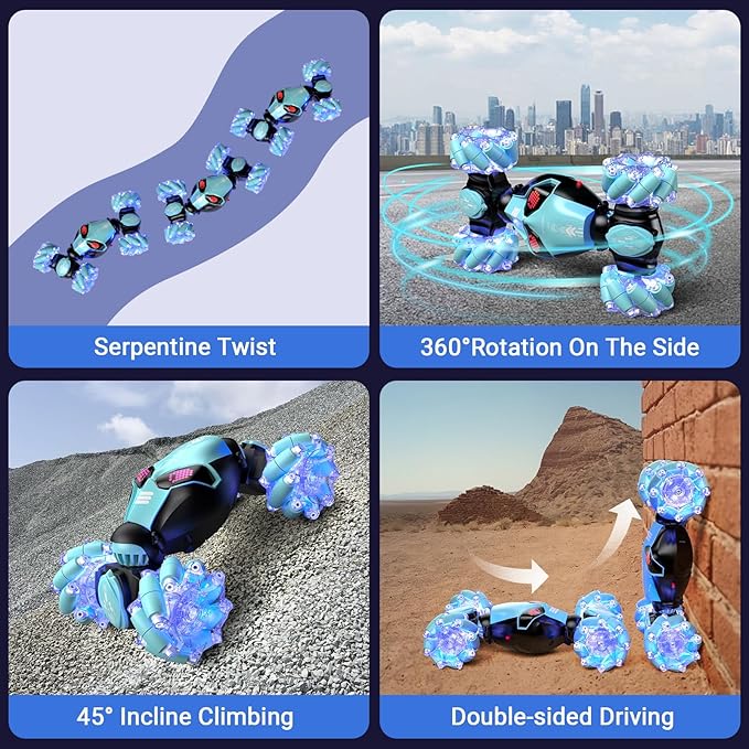 Powerextra 1:16 RC Stunt Car Gesture Sensing, with [Light & Music] for Boys Watch Hand Remote Control Car, Double Sided Rotating Off-Road Vehicle 360° Flips with 2 Batteries, Boy's Birthday Gift
