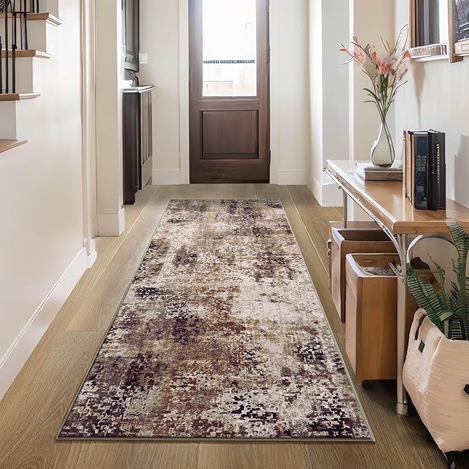 Runner Rug for Kitchen Coffee Hallways Runner Rug Non Slip 2'6''x8' Washable Brown Long Runner Rugs with Rubber Backing Soft Abstract Carpet Runner for Entryway, Kitchen, Bedroom, Bathroom
