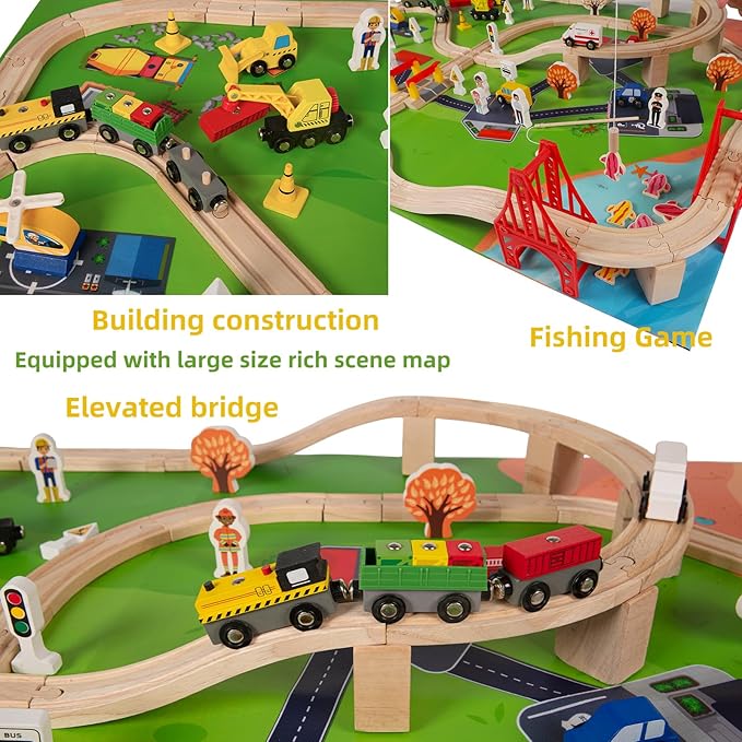 100 Pcs Wooden Train Track Set, Toys Train Railway Vehicles for 3-10 Years Old Kids Boys & Girls Christmas Toys, Fits with Thomas, Brio, IKEA, Melissa and Doug