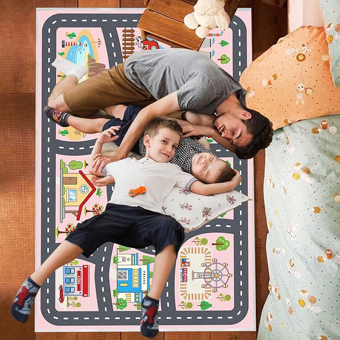 Kids Rug Car Rugs Playmat Carpet for Kids Toy Cars for Playroom Classroom Kids Room, Educational Area Rugs Road Traffic Floor Rug Play Mats, Ideal Gift for Nursery Children Boy Girl 4'x6'