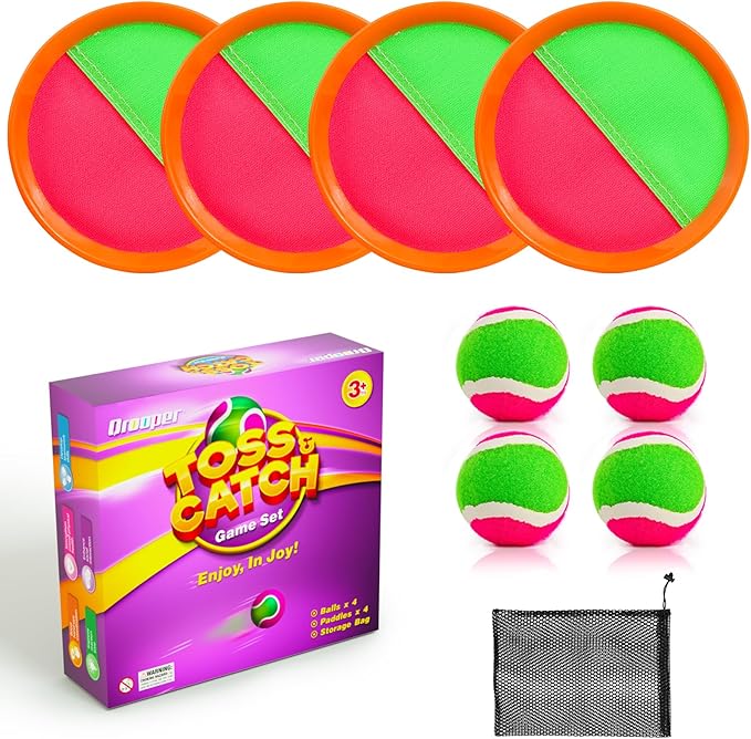 Kids Outdoor Toys - Toss and Catch Game Set, Outside Yard Camping Beach Pool Toys Games for Boys Girls 3 4 5 6 7 8 9 10 Year Old, 4 Paddles 4 Balls (Orange+Orange)