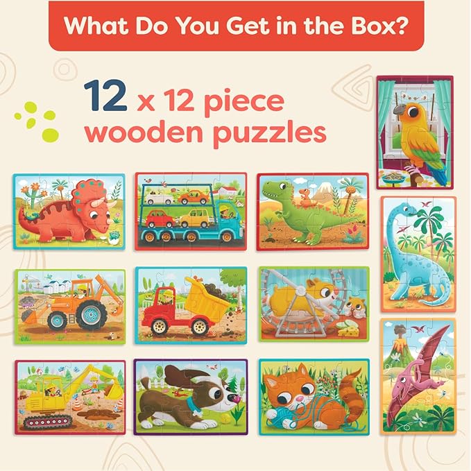 B. toys- Pack o' Puzzles 3-Pack - Pets, Dinos & Trucks- Wooden Puzzle Box Set – 3 Puzzle Boxes, 12 Puzzles – 4 Dinos, 4 Pets, 4 Trucks – 12-Piece Jigsaw Puzzles for Kids – 3 Years +