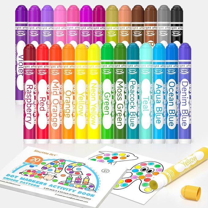 Shuttle Art Washable Dot Markers 26 Colors with Free Activity Book, Fun Art Supplies for Kids Toddlers and Preschoolers, Non Toxic Water-Based Paint Daubers, Dot Art Markers