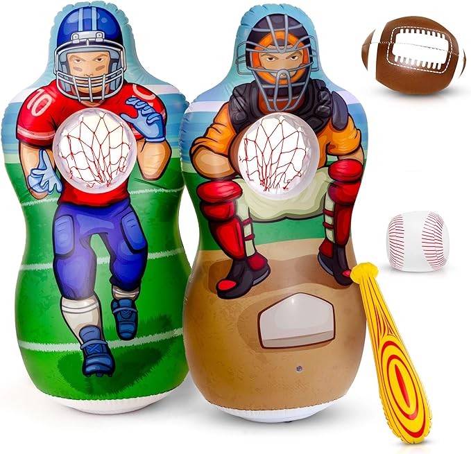 Inflatable Double-Sided Baseball & Football Target Set - Blow Up Toy with Soft Football, Baseball & Inflatable Bat - Fun Toss Games for Indoor, Outdoor, Backyard & Party Favor - 5 Feet