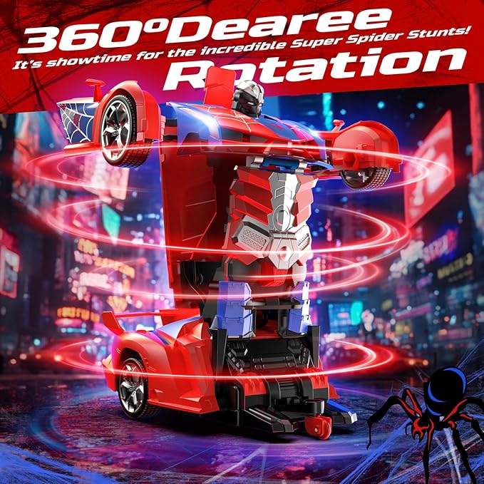 DEERC Spider RC Car Transform Robot, 2.4GHz Remote Control Spider Cars for Kids, 1:18 Scale Robot Toy Car W/One-Key Transformation, 360° Rotation, Auto Mode, Rechargeable Battery, Robot for Man Boys
