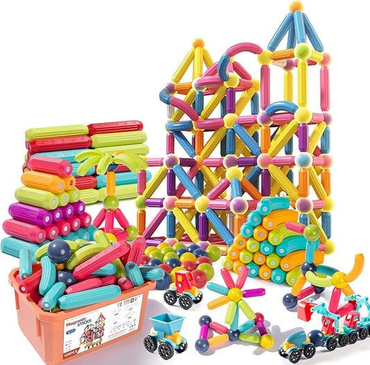 128Pcs Magnetic Blocks Kids Toys, Large Magnetic Building Sticks STEM Educational Sensory Toy Preschool Learning Montessori Toys for Toddlers Boys Girls Ages 3-8 with 2 Cars