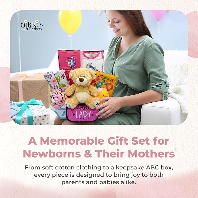 Deluxe 15-Piece New Baby Gift Basket | Newborn Baby Girl Gift Set for Expecting Moms & Parents | Baby Gift with Unicorn Clothing Set | Baby Gift Set with ABC Box | Nikki's Gift Baskets