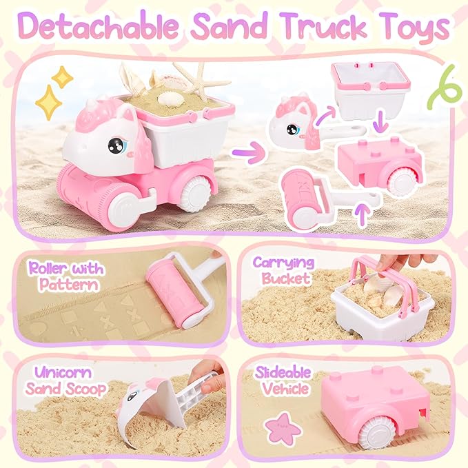 Tagitary Beach Toy Unicorn Sand Toys for Kids,Sand Castle Toys for Beach with Mesh Bag,Sand Shovels,Castle Sand Kits,Sifters,Unicorn Watering Can and Truck,Beach Essential Outdoor Toys for Kids