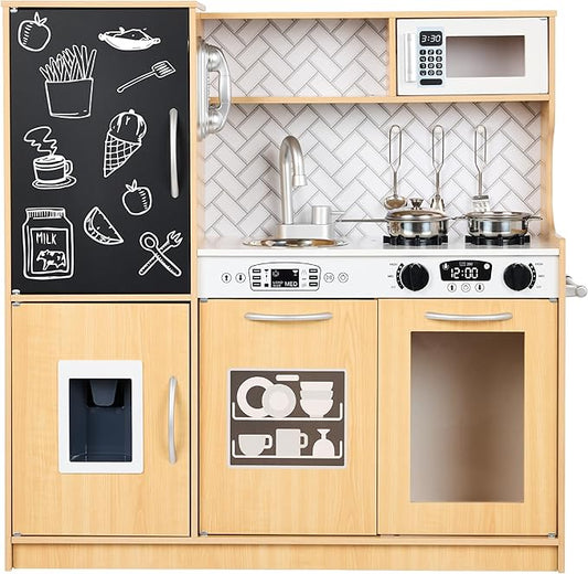 Best Choice Products Pretend Play Kitchen Wooden Toy Set for Kids w/Realistic Design, Telephone, Utensils, Oven, Microwave, Sink - Natural