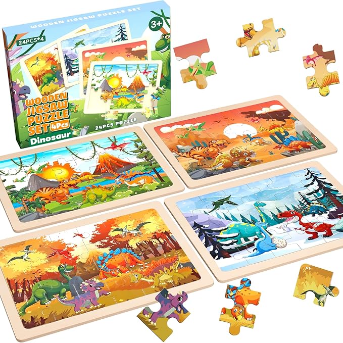 4 Pack Dinosaur Wooden Puzzles for Kids Ages 3-8 - 24-Piece Toddler Puzzles with Seasons - Educational Montessori Dino Toys for Boys Girls - Birthday Christmas Easter Gift for Kids 3 4 5 6 7 Year Old