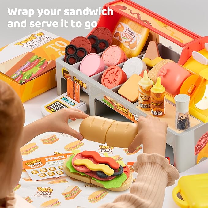Pretend and Play Food Toy for Kids Toddlers, Play Kitchen Accessories Include Sandwich Maker Toy with Slicer for Ham, Menu and Ingredients, Play Restaurant Food Toy for Girls Birthday Gift