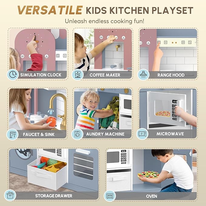 BIERUM Play Kitchen with Realistic Lights & Sounds, Wooden Kitchen Playset Chef Pretend Play Set for Toddlers, Toy Kitchen with 26 Pcs Toy Food & Cookware Accessories, Gift for Ages 3+ (Bule)