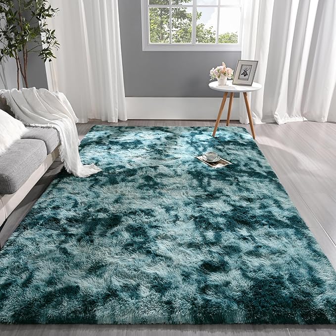 Pettop Fluffy Tie-Dye Peacock Blue Rug for Bedroom Living Room, 4x6 Feet Super Soft Shaggy Plush Fuzzy Rugs for Girls Kids Boys, Non-Slip and Washable Rug for Nursery Classroom, Carpet for Rooms Decor