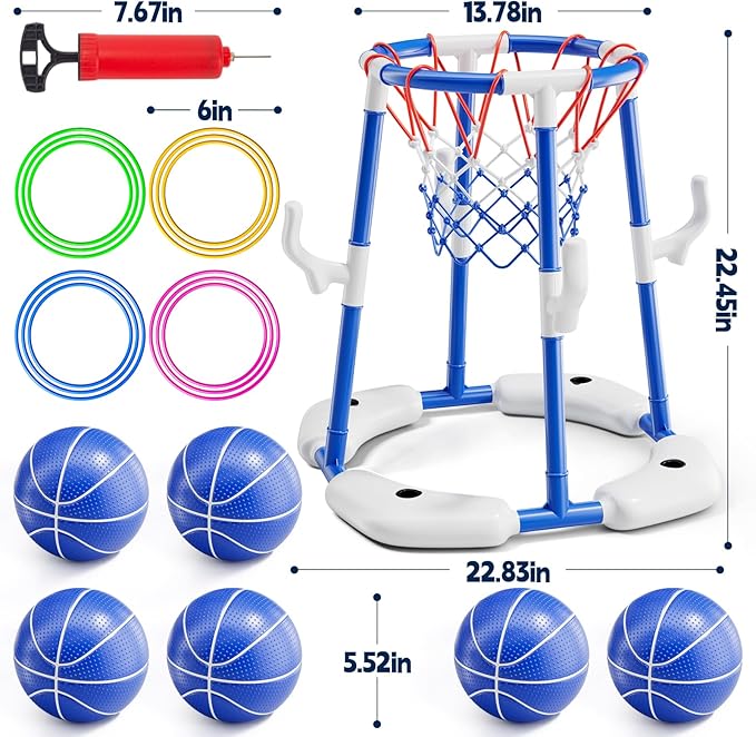 Pool Basketball Hoop, Floating Game with 6 Balls & Pump, Kids Pool Toys for Outdoor Summer Fun, Adjustable Height for Ages 4-8-12, Family Swimming Pool Accessory（Blue）