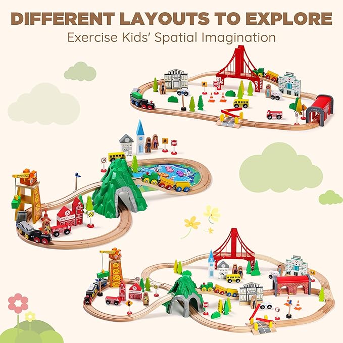 SainSmart Jr. 112-Piece Wooden Train Set for Toddler – Double-Sided Train Tracks, Compatible with Brio, Thomas, Melissa & Doug – Perfect Wood Toy for Boys and Girls