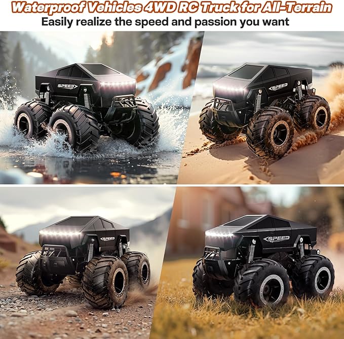 Remote Control Car Monster Truck Toy Off-Road Truck - 4WD Waterproof RC Cars for All Terrain, 1:16 Scale Hobby Monster Truck Toys 2.4GHz Pick-up Vehicles Kids Gifts for Boys Age 6 7 8 9 10-12+,Black