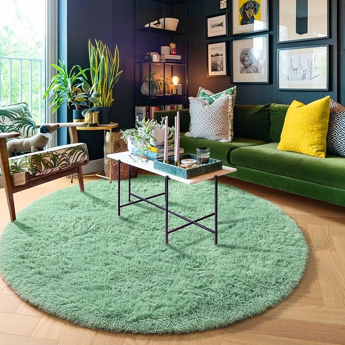 Amdrebio Sage Green Round Rug 4Ft for Bedroom Aesthetic, Fluffy Furry Circle Rugs for Nursery, Classroom, Teen Boys, Baby Kids Room Decor, Cute Shaggy Area Rug for Dorm, Fuzzy Plush Light Mint Carpet