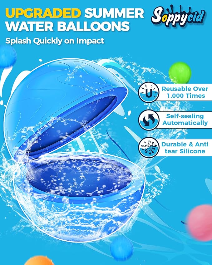 SOPPYCID 20PCS Reusable Water Balloons, Pool Beach Toys for Kids, Summer Fun Outdoor Water Toys Games for Kids Adults Outside Play, Backyard Swimming Pool Party Supplies