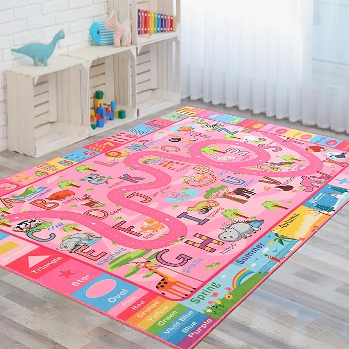 Terrug Kids Rug for Playroom, Educational Classroom Rug for Kids Room, Washable Nursery Rugs Non Slip Playroom Rugs Play Mat for Learning ABC Carpet, Numbers, Animal, Colors, Season, 4X6 Feet, Pink