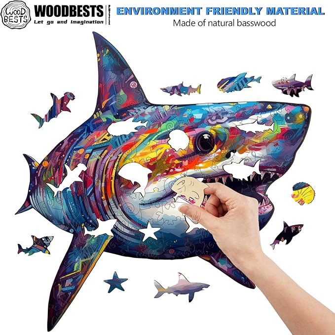 WOODBESTS Wooden Puzzle for Adults, Shark Puzzle (L, 300pcs, 16.7"x16.5") Beautiful Wooden Box, Wooden Jigsaw Puzzles Unique Shape, Birthday Gifts for Adults and Kids Family Game