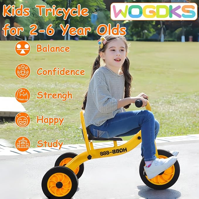 Kids Tricycle for Ages 2-6, Preschool Daycare Pedal Tricycle, Outdoor Playground Kids Trike with Inflation-Free Rubber Wheels, Carbon Steel Frame