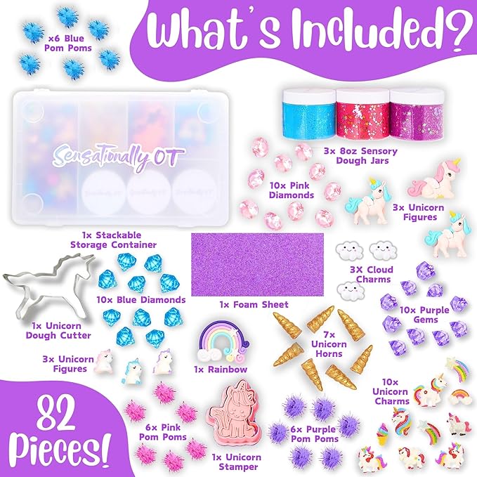 Unicorn Sensory Dough Kit (3 Jars) Non-Toxic Dough with Unicorn Cutters, Charms, Rainbow, Pom Poms, Diamonds, Gems, and Stackable Storage - Perfect for Creative Play and Gift for Kids