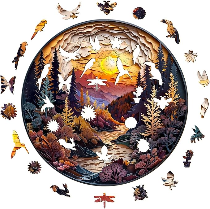 Wooden Puzzle for Adults-3D Sunset Forest Wooden Puzzle Unique Shape Advanced Animal Jigsaw Puzzle for Adults and Kids,Best Gift,Wood Puzzles,Challenge Wooden Jigsaw Puzzle (S-8.5 * 8.5in-100pcs)