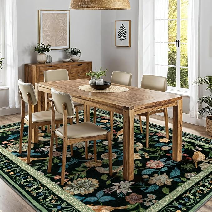 Floral Washable 8x10 Area Rugs for Living Room, Boho Birds Black/Green Large Bedroom Rug Soft Non-Slip Vintage Dining Room Rug, Low Pile Botanical Floor Carpet for Kids Room Classroom