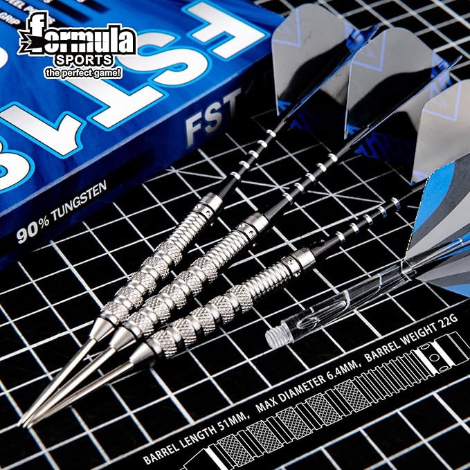 Formula Sports 90% Tungsten Darts Metal Tip Set 21g/22g/23g/24g, Professional Steel Tip Darts Set with Aluminum Shafts, Tungsten Barrels, Extra Flights, Dart Sharpener, Gift Box