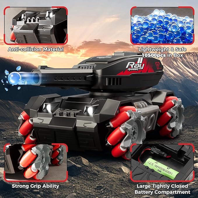 RC Car That Shoots BBS,Water Bullet Shooting RC Tank For Kids Adults 4WD Stunt Remote Control Car with 10500pcs Water Bombs Fast All Terrain Toy Car With 360°Rotating Gifts for Boys,40+Min Play