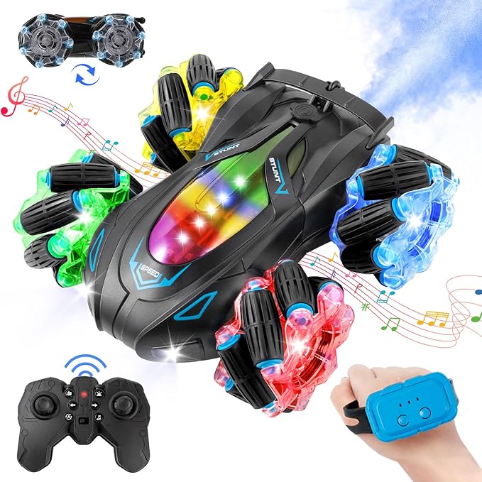 RC Cars Gesture Sensing Stunt Car, 360° Rotating Remote Control Car with Cool Light and Music, Spray Drift Hand Controlled Car, 2.4Ghz Rechargeable RC Car, Best Birthday Gifts for Boys 6-12 (Blue)