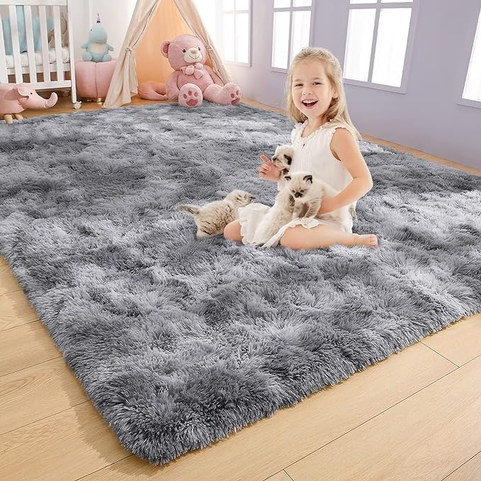 AROGAN Soft Rainbow Area Rugs for Girls Room 4x6 Feet, Fluffy Girls Bedroom Rugs, Princess Rug, Cute Colorful Carpet for Kids Teens Nursery Toddler, Grey