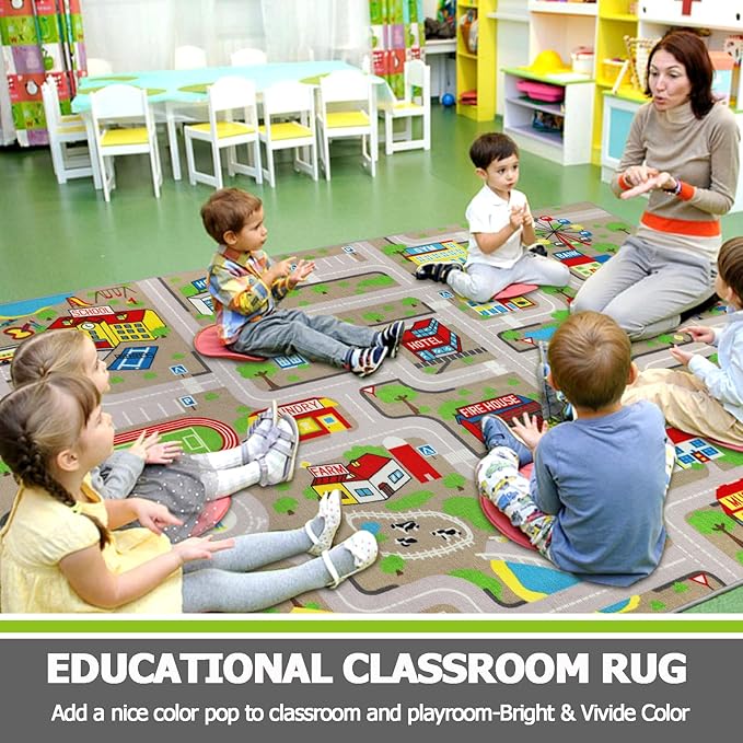 Capslpad Tan Car Road Kid Rug Carpet Playmat for Playoom Traffic Road Kids Play Mat for Toddler Non Slip Washable City Map Race Track Carpet Rug for Kids Room Playroom Classroom Decor,6.6'x9.8'