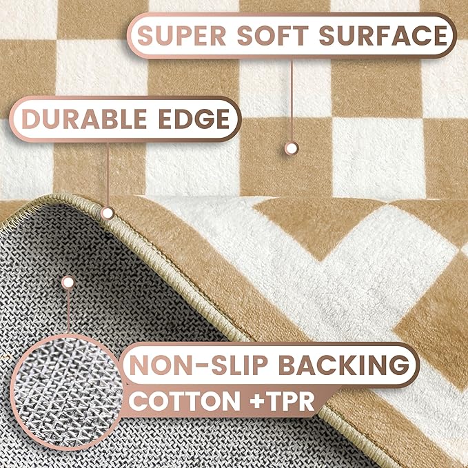 Washable 9x12 Checkered Area Rug for Living Room, Tan Brown Checkerboard Modern Boho Large Rugs, Ultra Thin Low Pile Lightweight Indoor Carpet with Non-Slip Backing for Bedroom Kids Nursery Play Room