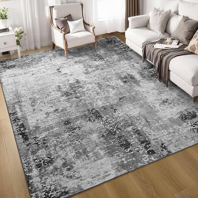Living Room Rug 8x10 Gray Area Rugs Machine Washable Abstract Boho Large Rug Non-Slip Non-Shedding Faux Wool Indoor Vintage Carpet for Bedroom, Classroom, Dining Room, Kids Playroom