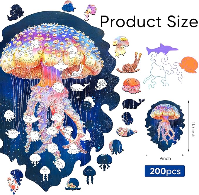 Wooden Puzzles for Adults, Jellyfish Jigsaw Puzzles 200 Pieces, Unique Shape Puzzles for Adults and Kids, 11.7 x 9 Inches Medium Size, Fun Challenging Puzzles Family Game
