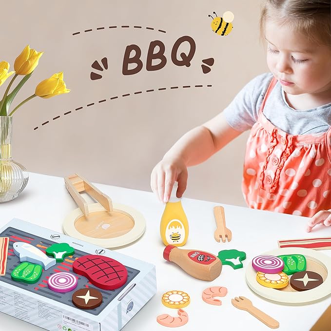 Wooden Play Food for Kids Kitchen - 24 Pcs Montessori Pretend Play Kitchen Accessories, Educational Learning Toys with Toy Fruits, Vegetables & Meat, Gift for Boys Girls Ages 3-6
