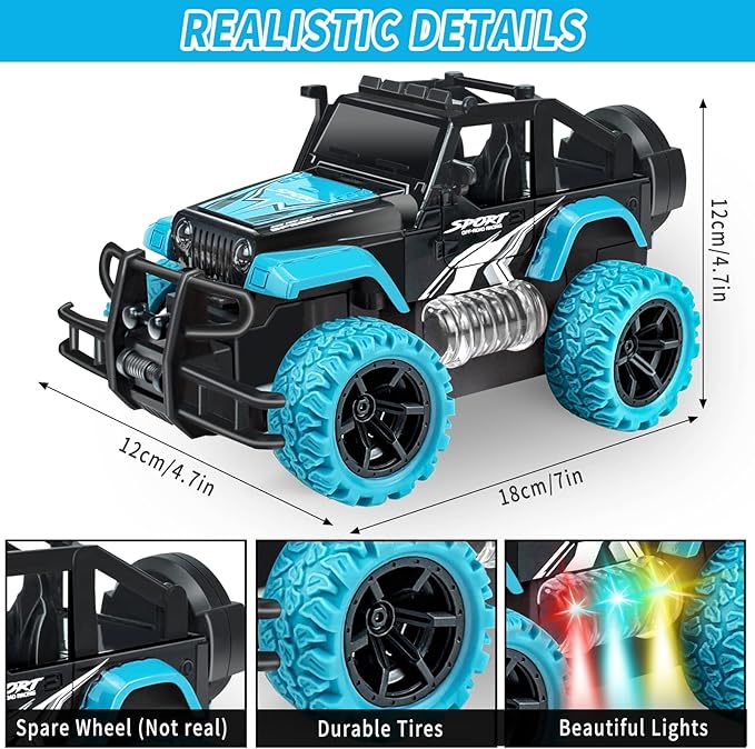 Remote Control Car for Kids 3-5, 1:20 Off Road Remote Control Truck Vehicles Stunt Rc Racing Cars for Boys Girls 4-7 8-12 Car Toys with 3 Color Lights Birthday Gift, Lake Blue